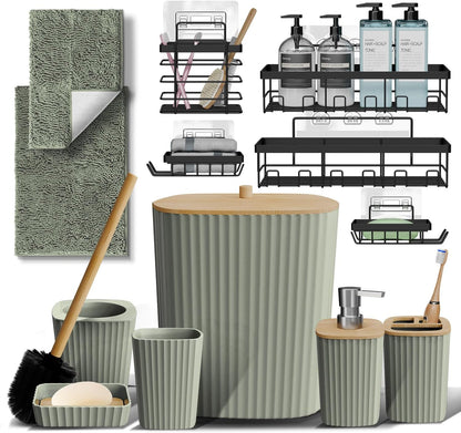 Clara Clark Bathroom Set - Sage Green Bathroom Accessories Set, 6PC Bathroom Accessory Set, Bathroom Sets with Toilet Brush, Trash Can & Soap Dispenser