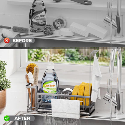 Sponge Holder for Kitchen Sink – Rustproof Stainless Steel with Detachable Drainboard, Brush Rack & Towel Bar | Compact, Non-Slip Design for Countertop Bathroom