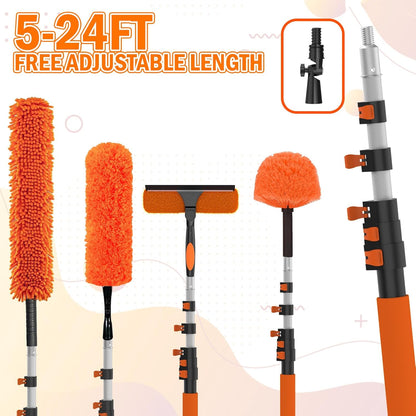 LAANPOLE 26FT High Reach Duster Cleaning Kit with Extension Pole, High Ceiling Fan Cleaner Duster Tool for Fan Blades, Window Washing Kit with Microfiber Feather Duster & Window Squeegee