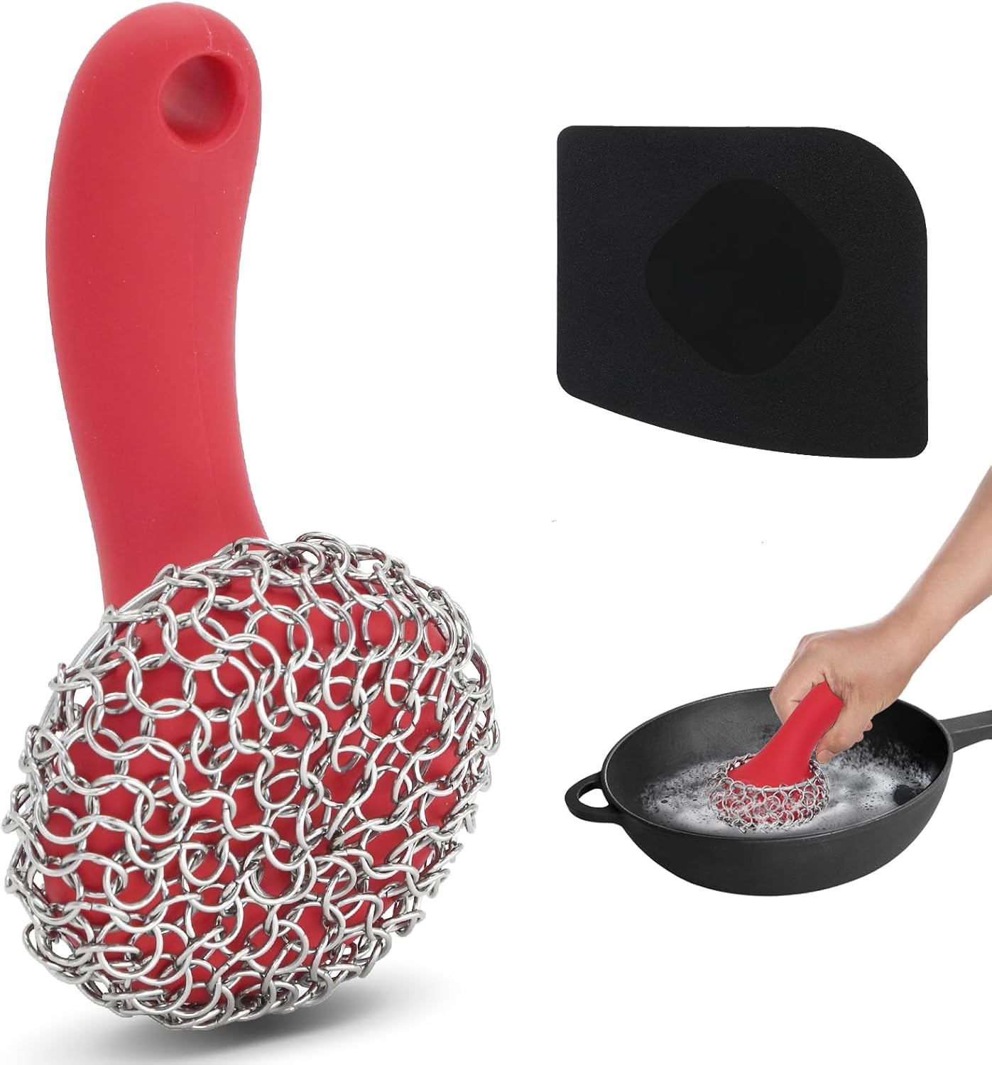 Cast Iron Scrubber with Long Handle | 316 Cast Iron Cleaner Chainmail Scrubber for Pan Skillet Cleaner - Dish Scouring Pad Dishwasher Safe Cleaning Kit (Blue, 1 Scrubber + 1 Scraper)