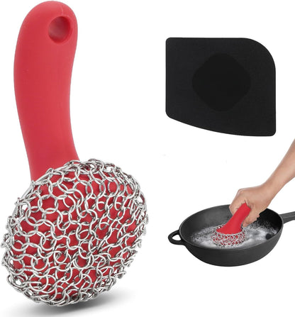 Cast Iron Scrubber with Long Handle | 316 Cast Iron Cleaner Chainmail Scrubber for Pan Skillet Cleaner - Dish Scouring Pad Dishwasher Safe Cleaning Kit (Blue, 1 Scrubber + 1 Scraper)