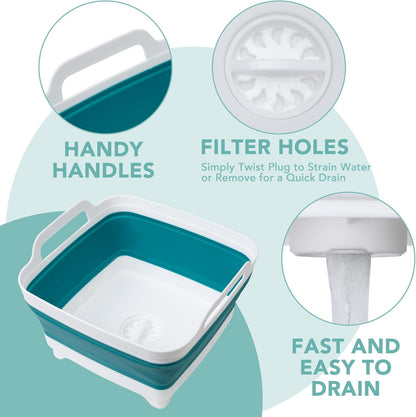 2 Pack Dishpan for Washing Dishes, 2.4Gal/9L Wash Basin with Draining Plug Carry Handles, Collapsible Bucket for Cleaning, Portable Sink, Foldable Plastic Tub