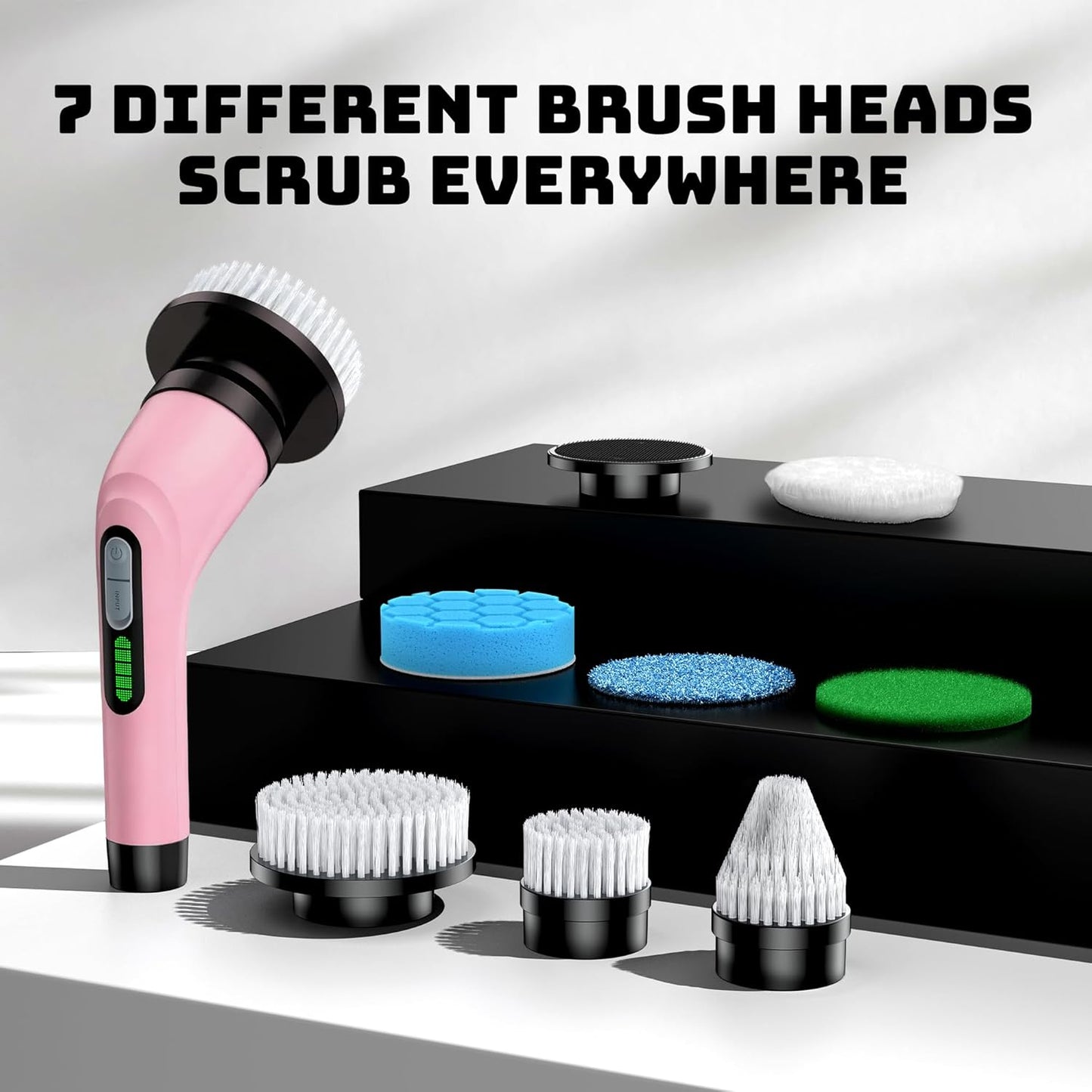 Electric Spin Scrubber for Bathroom: Shower Scrubber with Long Handle, Dual Speed Cordless Power Cleaning Scrub, 7 Brush Heads, IPX7 Waterproof Heavy Duty Cleaner Tools for Tub Tile Grout Wall