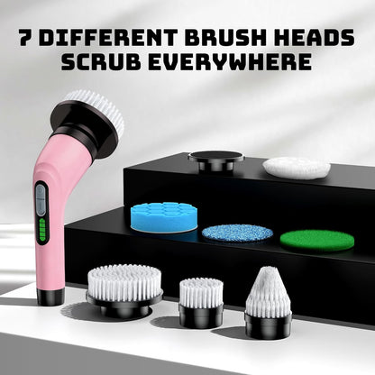 Electric Spin Scrubber for Bathroom: Shower Scrubber with Long Handle, Dual Speed Cordless Power Cleaning Scrub, 7 Brush Heads, IPX7 Waterproof Heavy Duty Cleaner Tools for Tub Tile Grout Wall