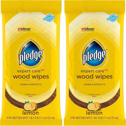 Pledge Expert Care Enhancing Wood Wipes, Lemon Scent (Pack of 6, 144 Total Count), Yellow