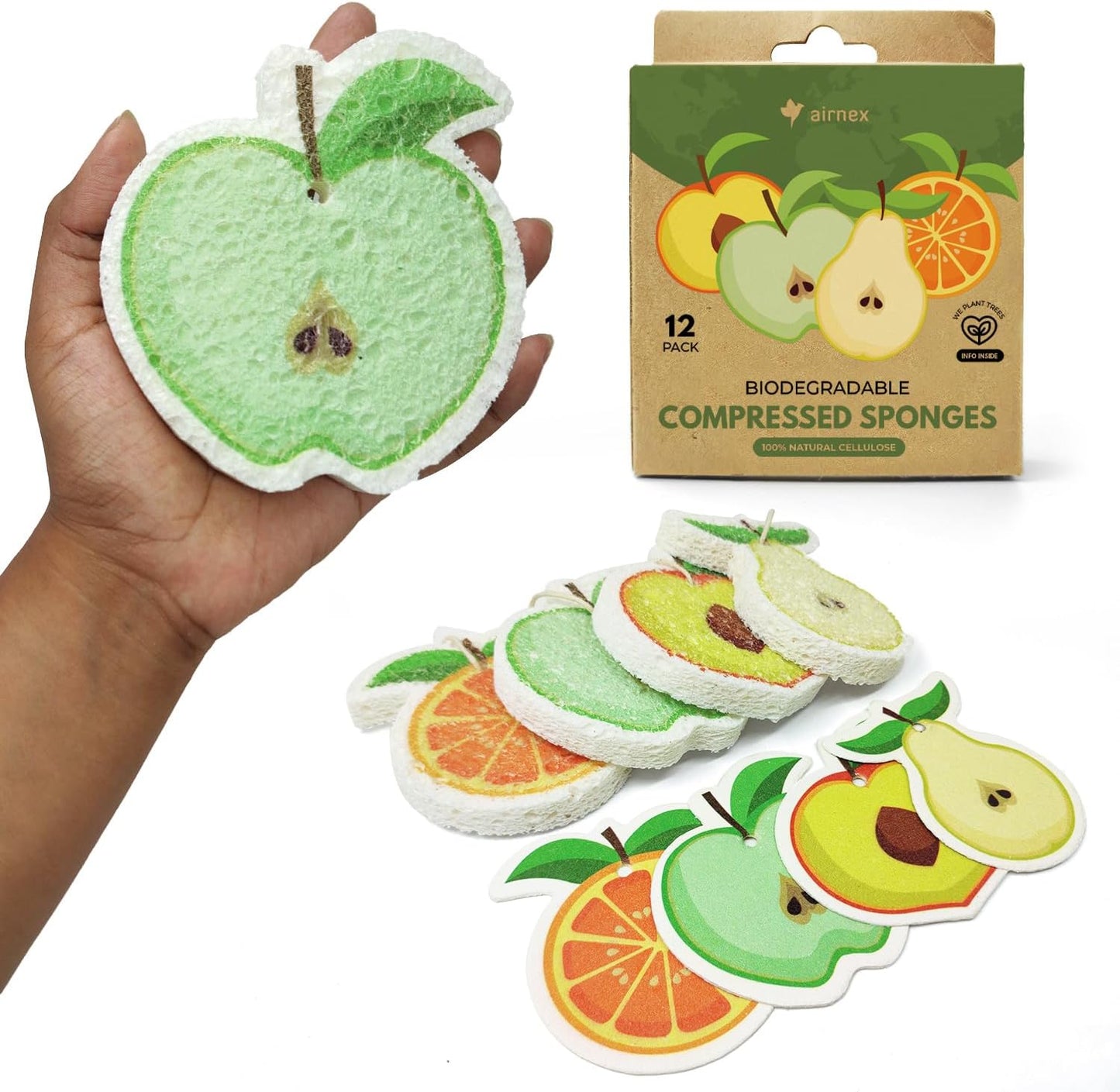 AIRNEX Compressed Cellulose Sponges - 12 Pack Fruit Shaped Natural Pop Up Dish Sponge for Kitchen - Compostable, Plant-Based, Non Scratch Cleaning Sponges Bulk for Dishes & Household Cleaning
