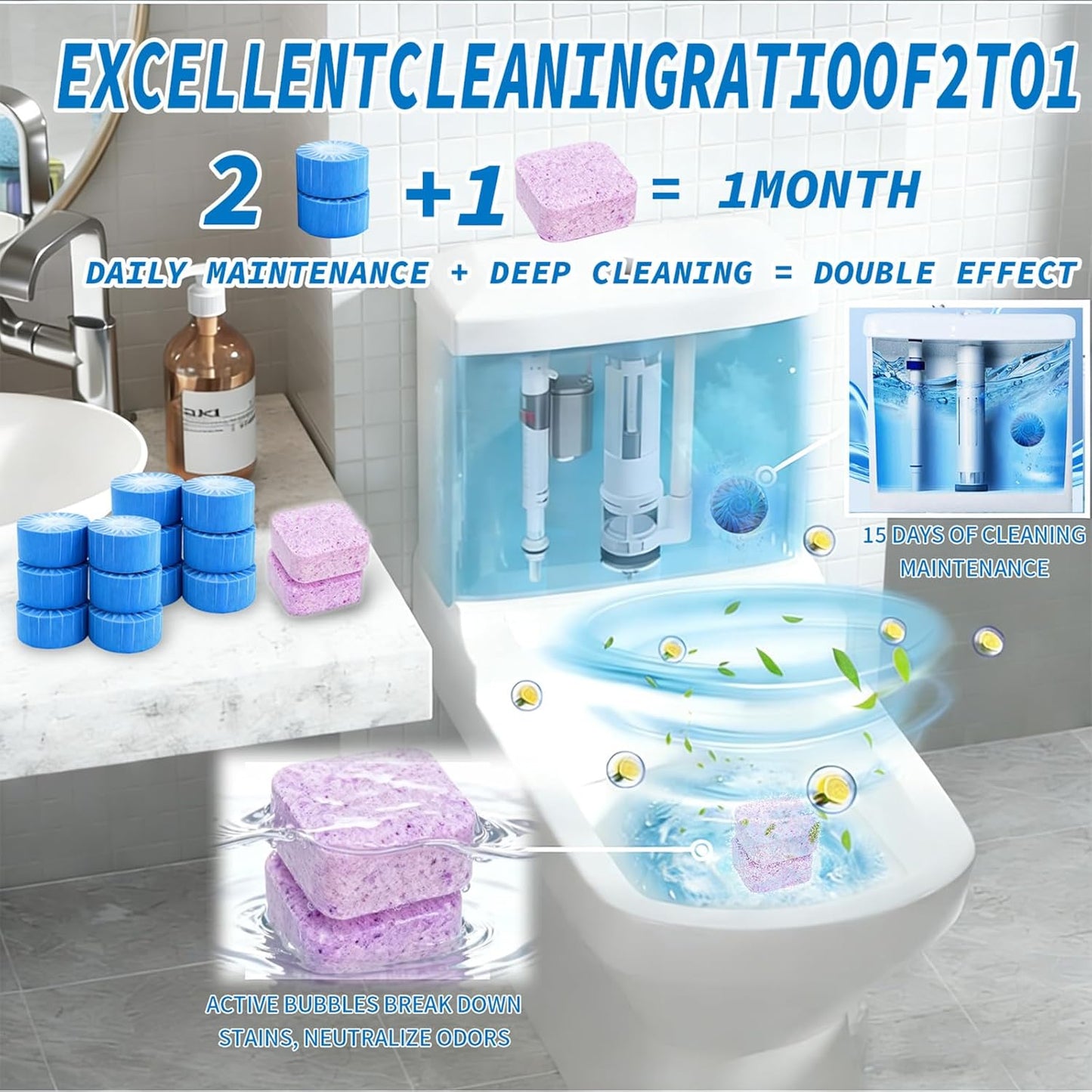 2-in-1 Toilet Cleaning Tablets (48 Pack) - 16 Effervescent Toilet Bowl Stain Remover and 32 Blue White Toilet Tank Cleaner Tablets - Limescale Removal for Septic System