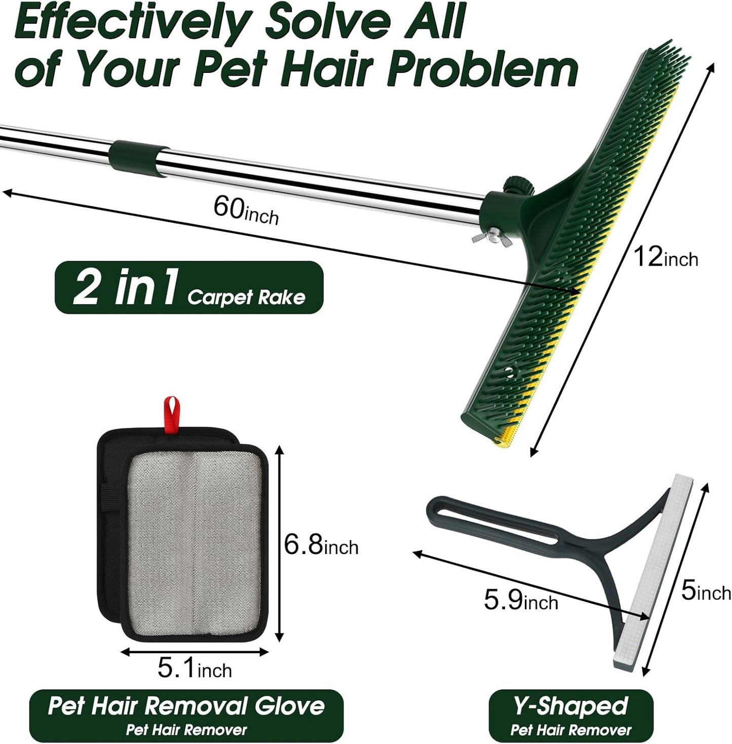 Carpet Rake for Pet Hair Removal, 60’’ Dual-Side Pet Hair Removal Tool with Adjustable Handle, 3 in 1 Reusable Lint Remover Dog Cat Fur Remover Broom for Rugs, Mats, Beds, Stairs, Couch
