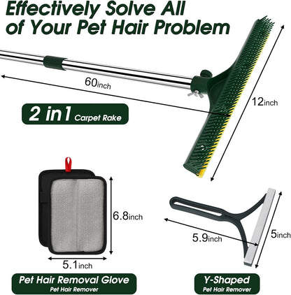Carpet Rake for Pet Hair Removal, 60’’ Dual-Side Pet Hair Removal Tool with Adjustable Handle, 3 in 1 Reusable Lint Remover Dog Cat Fur Remover Broom for Rugs, Mats, Beds, Stairs, Couch