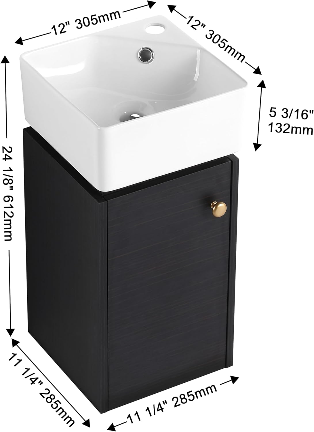 SSLine Modern 24-Inch Bathroom Vanity with Sink Wall Mounted Bathroom Vanity with Top Basin & Storage Cabinet White Wood Floating Vanity w/Ceramic Sink & Gold/Black Handles for Small Space