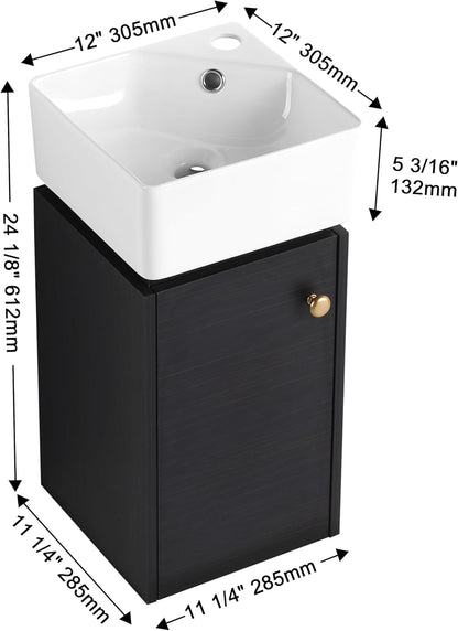 SSLine Modern 24-Inch Bathroom Vanity with Sink Wall Mounted Bathroom Vanity with Top Basin & Storage Cabinet White Wood Floating Vanity w/Ceramic Sink & Gold/Black Handles for Small Space