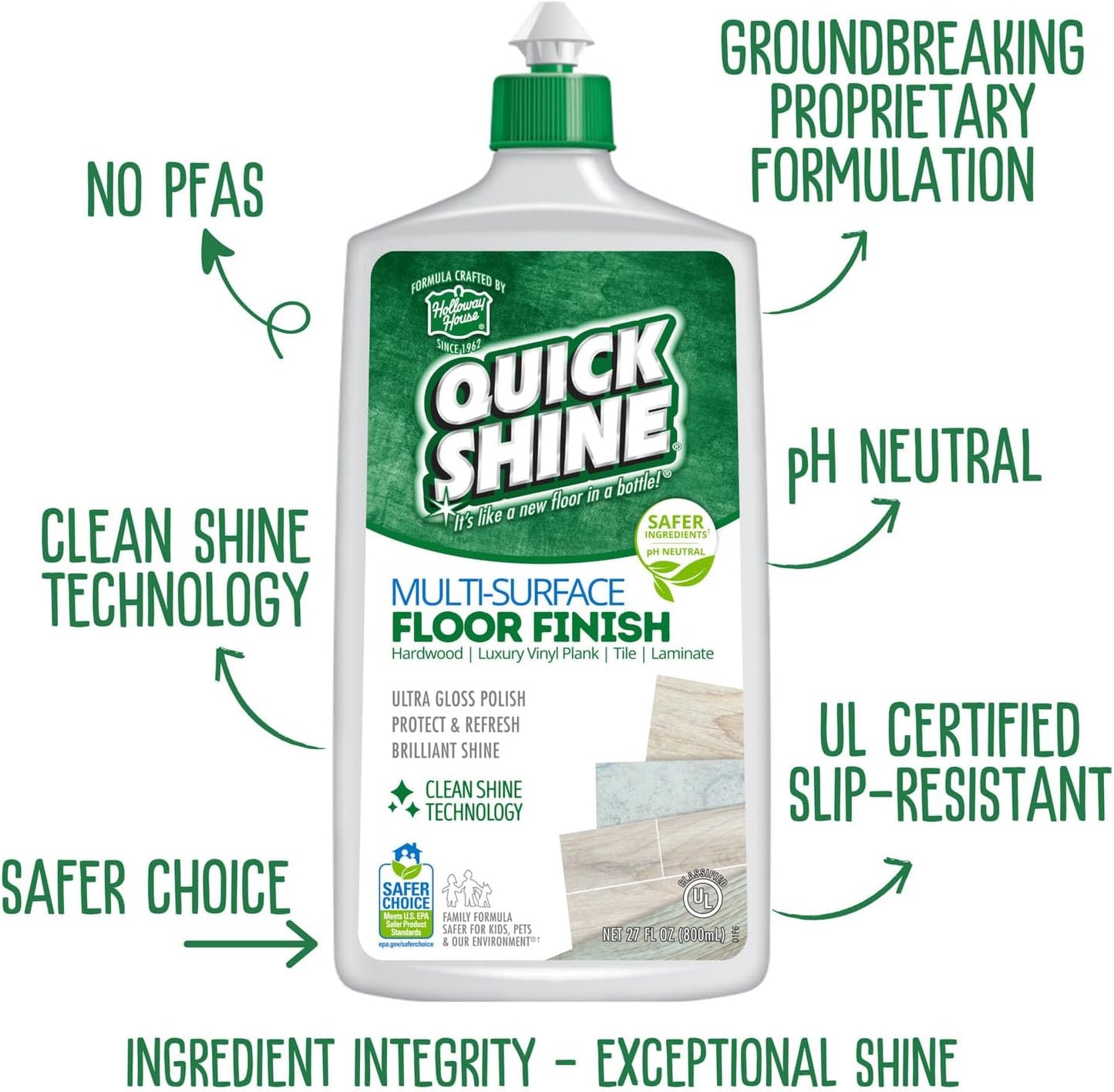 Quick Shine Multi Surface Floor Finish 64oz | Cleaner & Polish to use on Hardwood, Laminate, Luxury Vinyl Plank LVT, Tile & Stone | Safer Choice w/Clean Shine Technology | Shine-Protect-Refresh