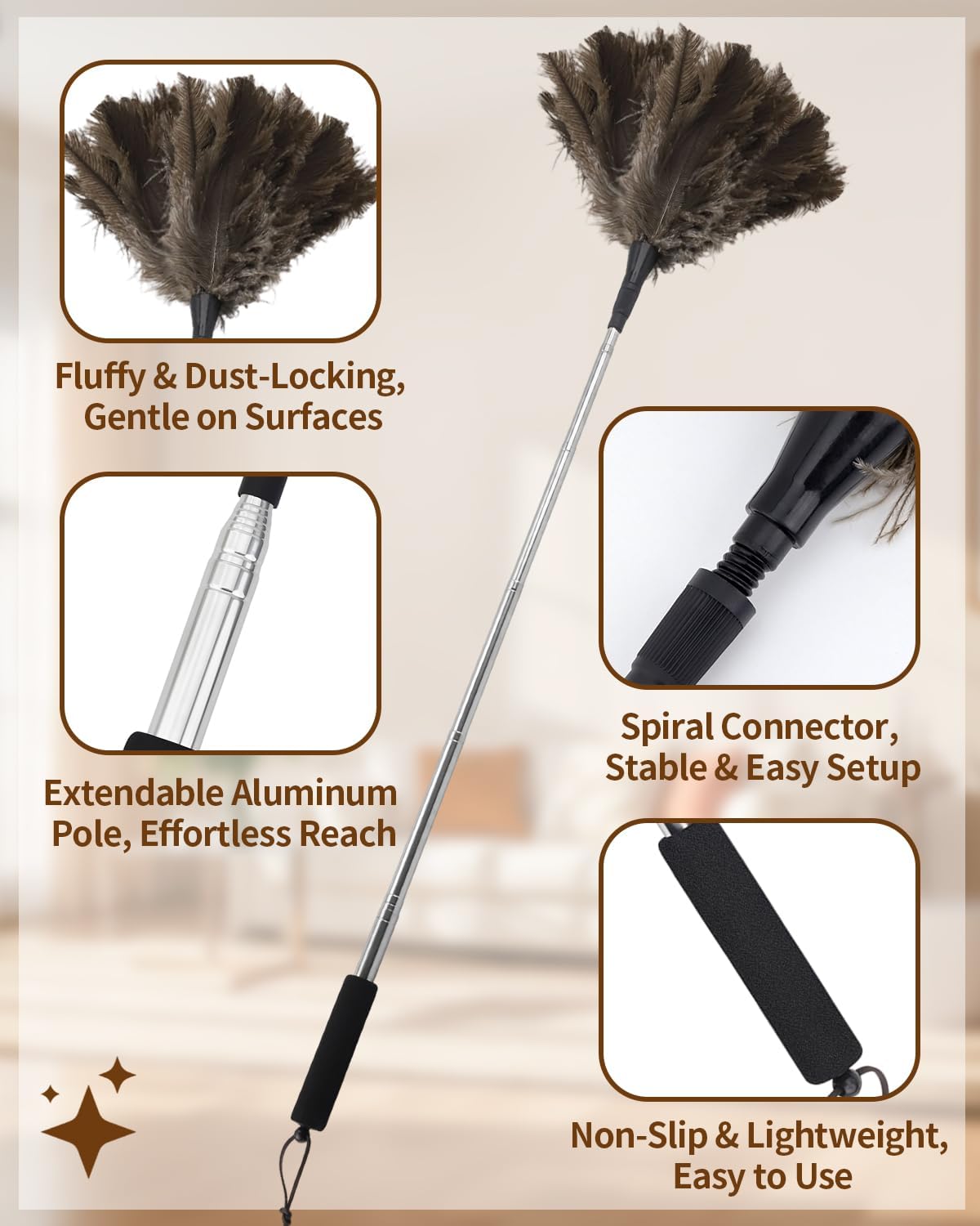 Extendable Ostrich Feather Duster with Bonus Wool Feather Duster Head - Natural Fluffy Non-Slip Handle Feathers Dusters for Cleaning Ceiling Fans, Blinds, Roof Dusting, High Surfaces (18-48 in)