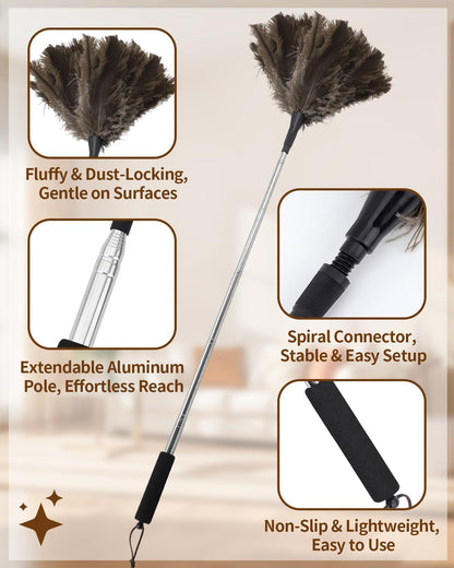 Extendable Ostrich Feather Duster with Bonus Wool Feather Duster Head - Natural Fluffy Non-Slip Handle Feathers Dusters for Cleaning Ceiling Fans, Blinds, Roof Dusting, High Surfaces (18-48 in)