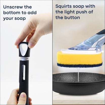 Dish Brush with Soap Dispenser Storage Set with 2 PCS Sponge Refills & Holder, Soap Dispensing Dish Brushes, Sponge with Soap Dispenser Handle, Dish Sponges with Handle for Dishes Pans Pots Sink
