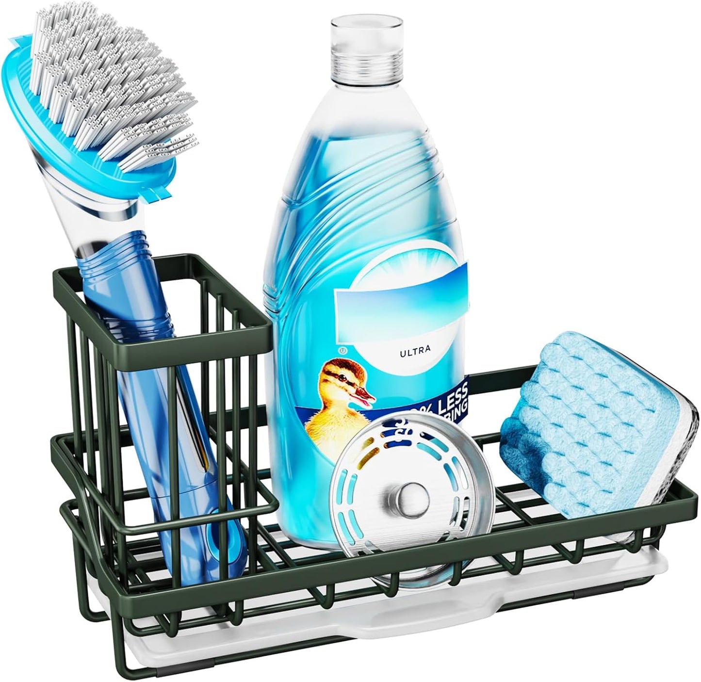 Consumest Sink Caddy, Kitchen Sponge Holder with Dish Brush Holder, Kitchen Organizer with Drip Tray for Countertop, Stainless Steel Rustproof - Silver