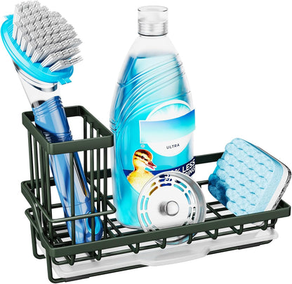 Consumest Sink Caddy, Kitchen Sponge Holder with Dish Brush Holder, Kitchen Organizer with Drip Tray for Countertop, Stainless Steel Rustproof - Silver