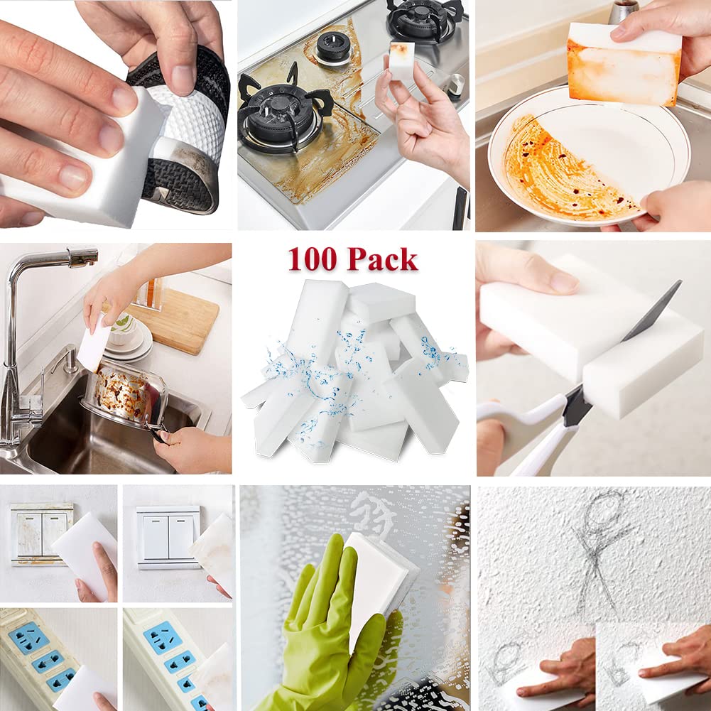 Magic Erasers Sponge, 100 Pack Extra Premium Melamine Sponge Foam Cleaning Pads in Bulk, Non-Scratch Scrub Sponge, Household Cleaning Kitchen Dish Sponges (White)