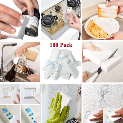 Magic Erasers Sponge, 100 Pack Extra Premium Melamine Sponge Foam Cleaning Pads in Bulk, Non-Scratch Scrub Sponge, Household Cleaning Kitchen Dish Sponges (White)