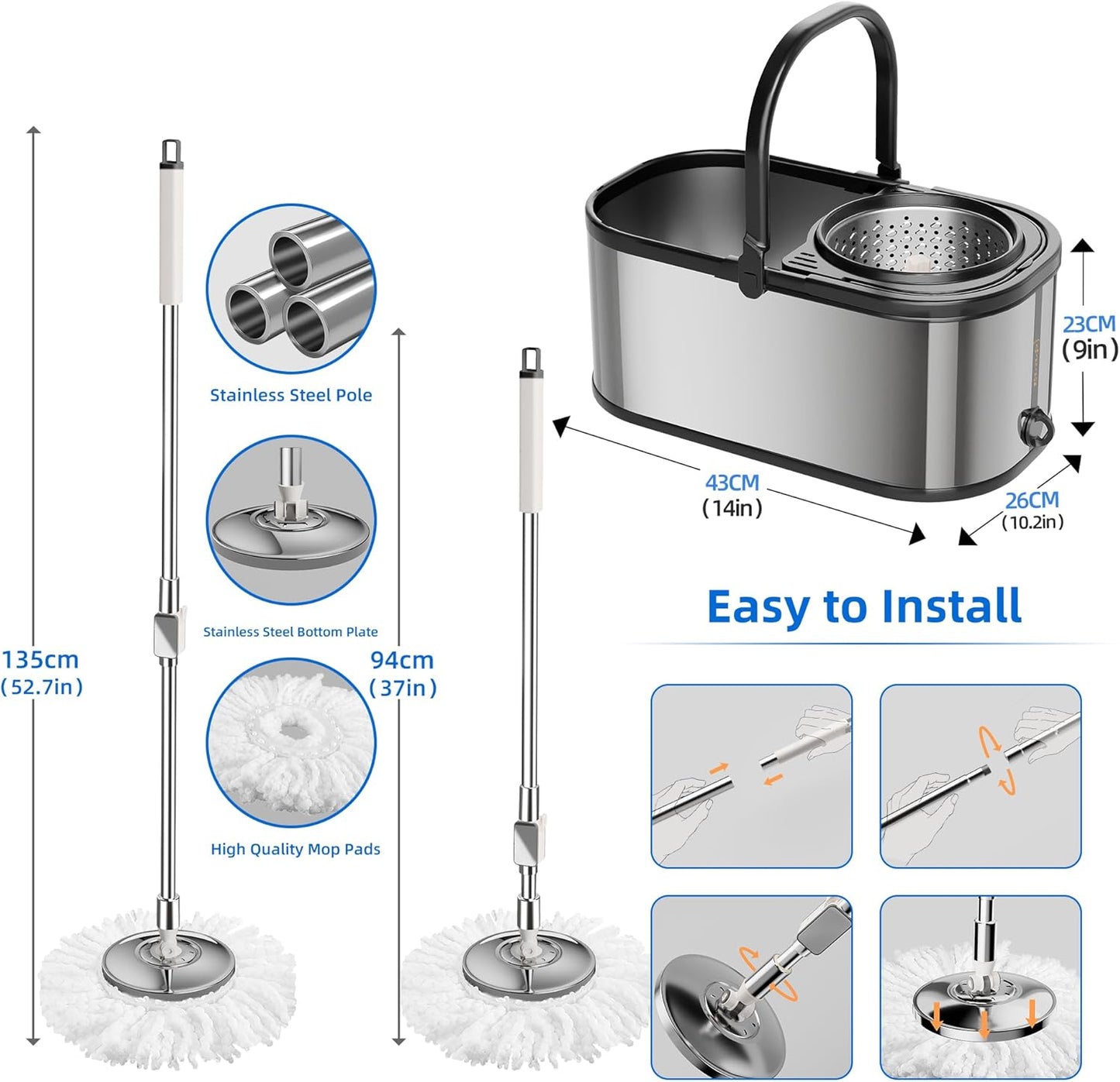 Spin Mop and Bucket with Wringer Set for Home,360° Mop and Bucket with Separate Clean and Dirty Water,Wet Dust Mop for Floor Cleaning with Extra Refills (Green)