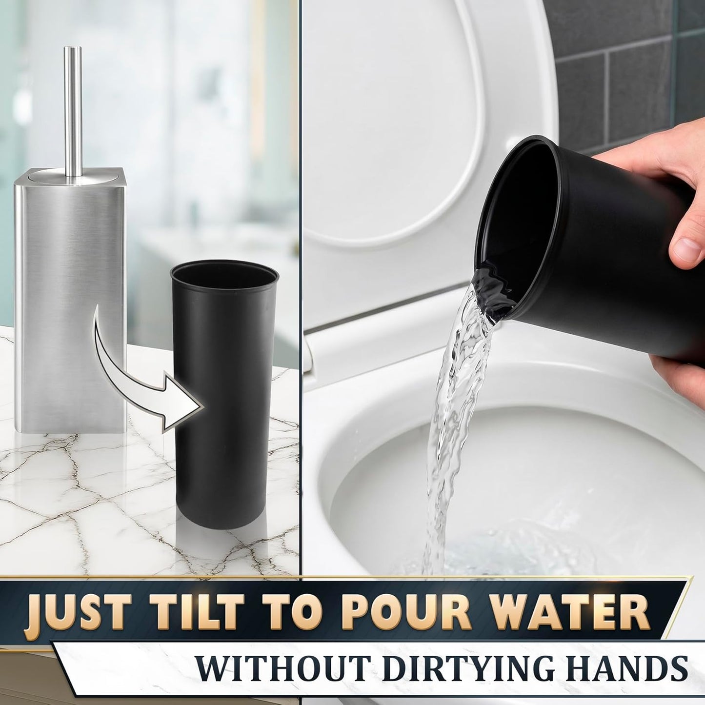 Stylish Stainless Steel Toilet Brush and Holder Set - Silver Toilet Bowl Brush and Holder with Splash Cover, Sturdy Bristles, Corrosion & Scratch Resistant - Elegant Design, Effective Deep Cleaning