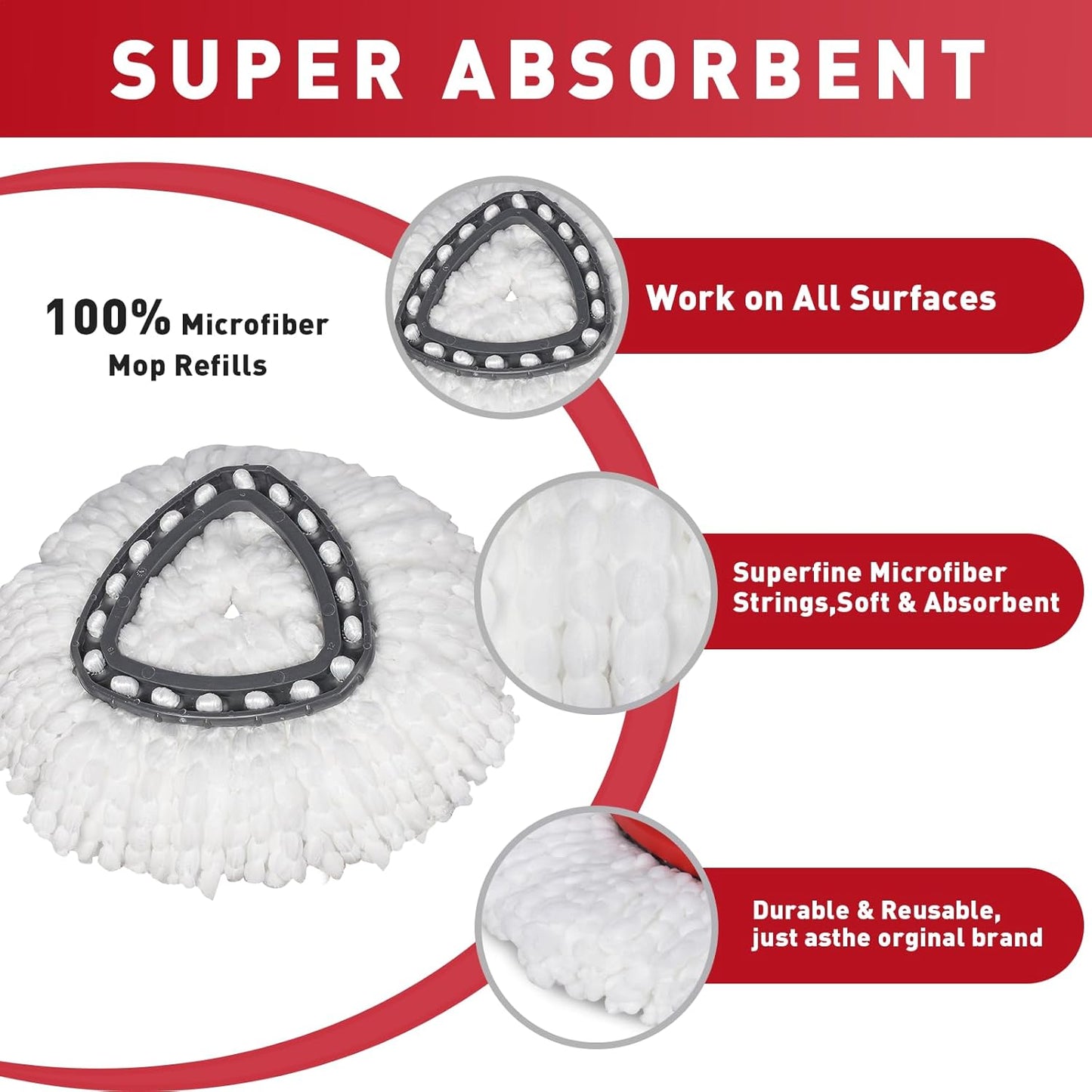 4 Pack Spin Mop Replacement Heads, Microfiber Mop Refills Compatible with Ocedar Mop Heads Replacements 2 Tank System, Replace Head Safe for Cleaning All Hard-surfaced Floors