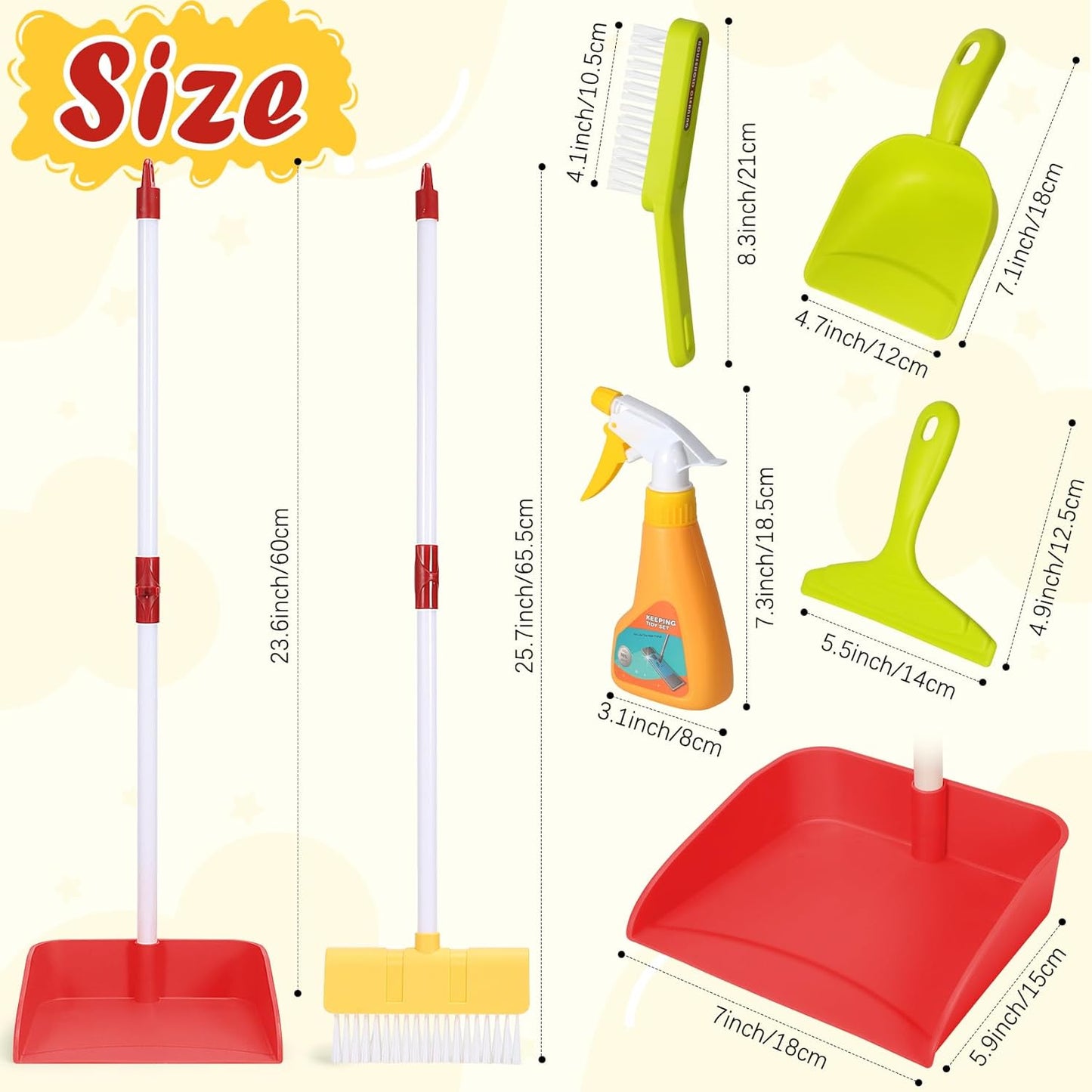 Kids Cleaning Toy Set Toddlers Broom Dust Pan Set for Housekeeping Pretend Play Cleaning Set, Cleaning Toys Gift for Toddlers Girls Boys Age 3-6 Years Old (2PCS - Red and Yellow Set)