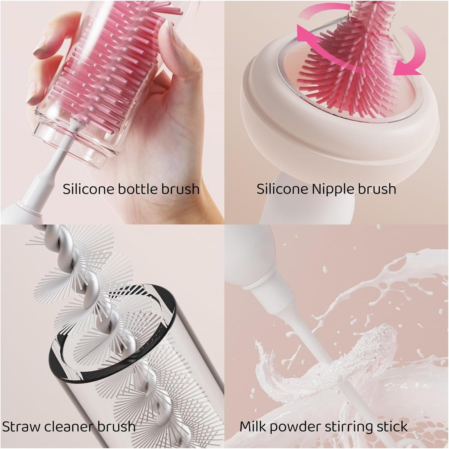 Portable Electric Silicone Bottle Brush Set, 7-in-1 UV Light USB Charging, Nipple/Straw Cleaner, Milk Mixer, Built-in Drying Rack & Storage Case, BPA-Free, IPX7, On-the-Go for New Parents (Mint)