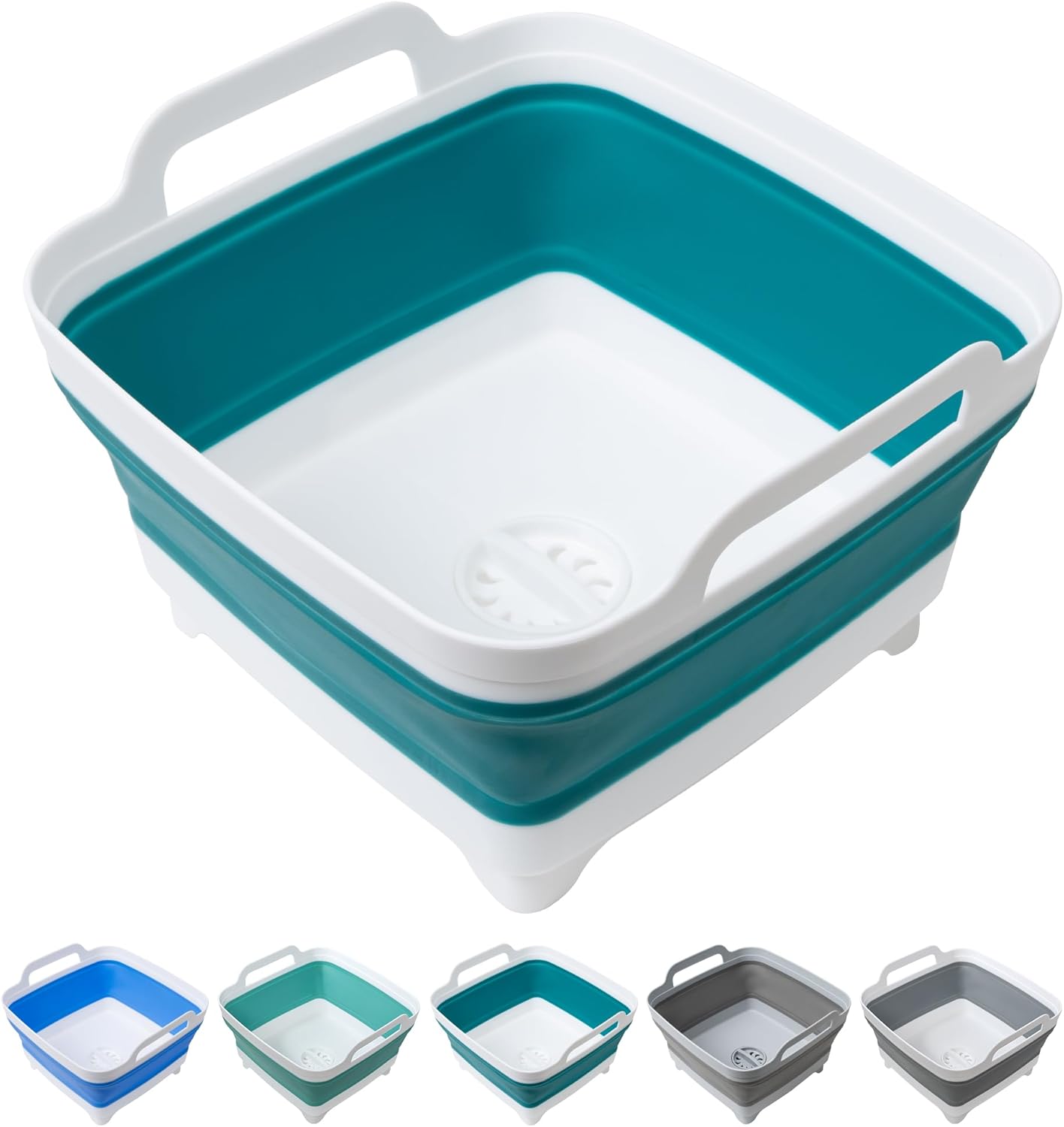 2 Pack Dishpan for Washing Dishes, 2.4Gal/9L Wash Basin with Draining Plug Carry Handles, Collapsible Bucket for Cleaning, Portable Sink, Foldable Plastic Tub