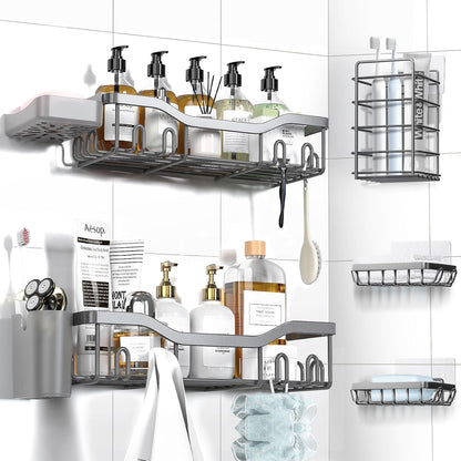 NESOMI Shower Caddy Adhesive Shower Organizer 7-Pack, Rustproof Stainless Steel Bathroom Shelves, Large Capacity No-Drill Rack Storage Accessories with Soap Dish Toothbrush Holder &24 Hooks Home Decor