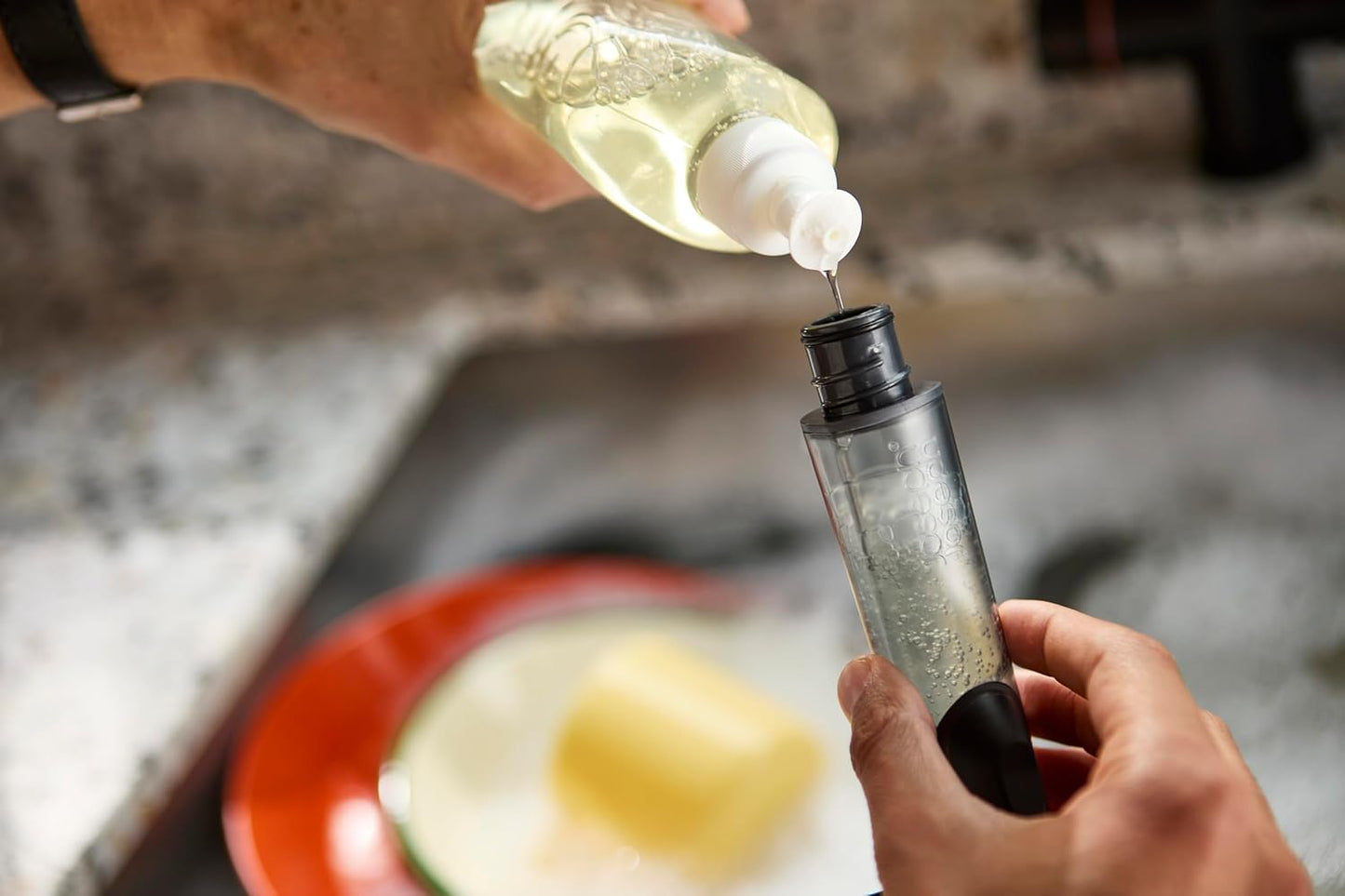 Joseph Joseph SinkTech Refillable Soap-Dispensing Dish Brush with Stainless Steel Storage Stand Drip Tray