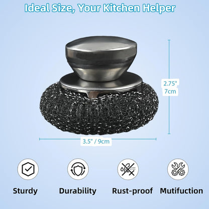 2 Pack Stainless Steel Wool Scrubber with 2 Replacement Pads, Stainless Steel Scrubber with Handle for Cleaning Cast Iron, Pots, Pans, Grill, Stoves, Sink & Cookware