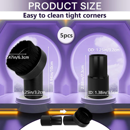 3PCS Horse Hair Brush Vacuum Attachment Set - Black Round Horse Hair Vacuum Attachments & Brushes - Shop Vac Brush Attachment for Most Vacuum Cleaners Accessories - 1 1/4" Vacuum Attachments Included