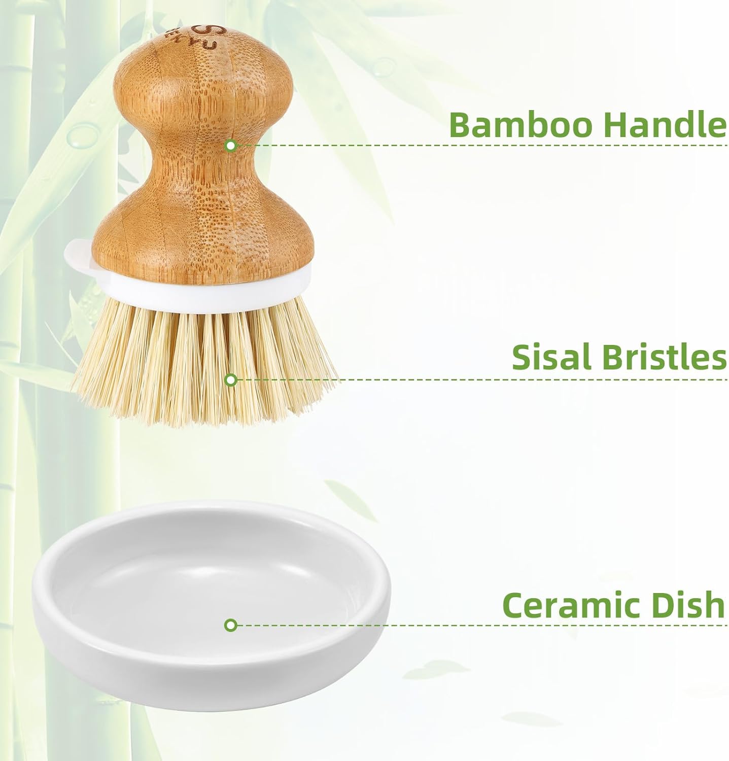 SUBEKYU Bamboo Dish Brush, Kitchen Dish Scrubber Brush, Natural Wooden Dishwashing Brush for Cleaning Dishes/Pans/Pots, Built-in Scraper, Sisal Bristles,1 Set