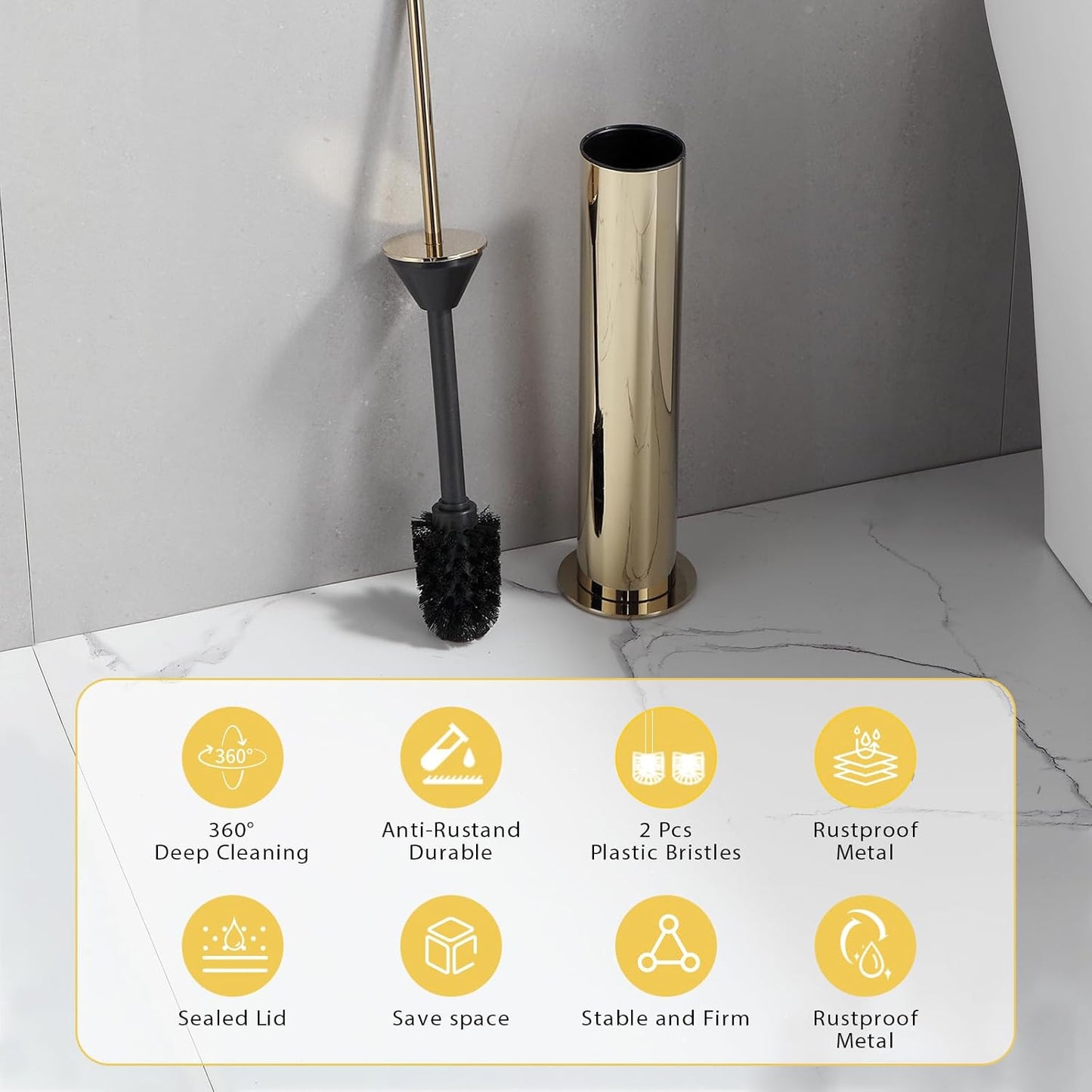 BGL Toilet Brush and Holder Set, Heavy Duty 304 Stainless Steel, Round Base and Long Handle for Bathroom Deep Cleaning, Drip-Proof, Space Saving for Storag, Polished Gold