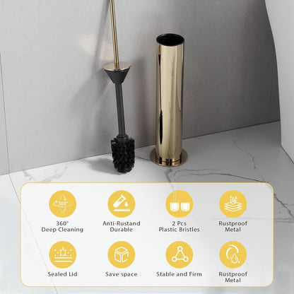 BGL Toilet Brush and Holder Set, Heavy Duty 304 Stainless Steel, Round Base and Long Handle for Bathroom Deep Cleaning, Drip-Proof, Space Saving for Storag, Polished Gold