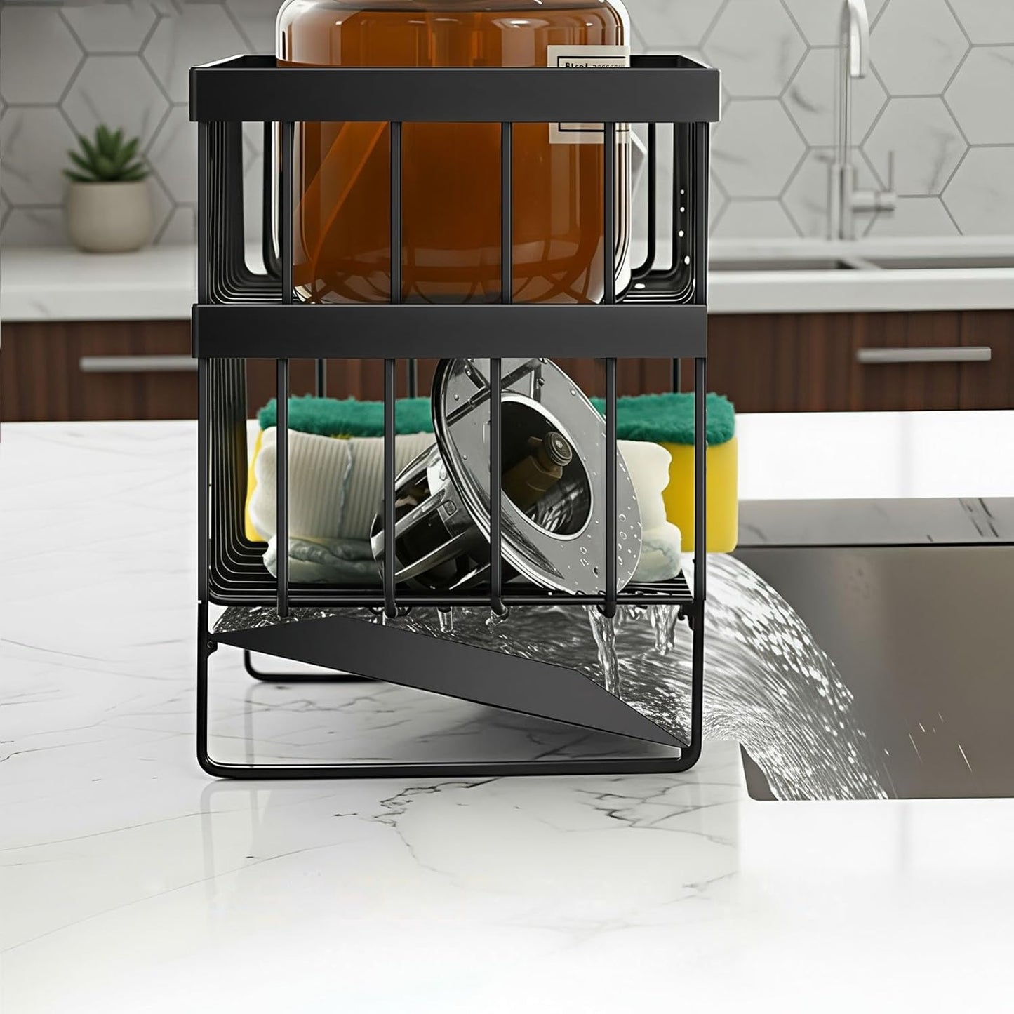Kitchen Sink Organizer Caddy, 2 Tier Sink Caddy Organizer with High Brush Holder, Rust-Proof Countertop Rack (Black 10.6 * 4.3 * 5.7") for Kitchen Accessories & Dish Brushes