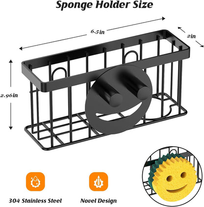 MURLONG Sponge Holder Smiley Face, Sink Caddy for kitchen Sink, Kitchen Organizer Sponge Holder with 2 PCS Suction Cups/1 PCS Adhesive Strips, Designed for Sponge, Soap, Dish brush, Scrubber-Black