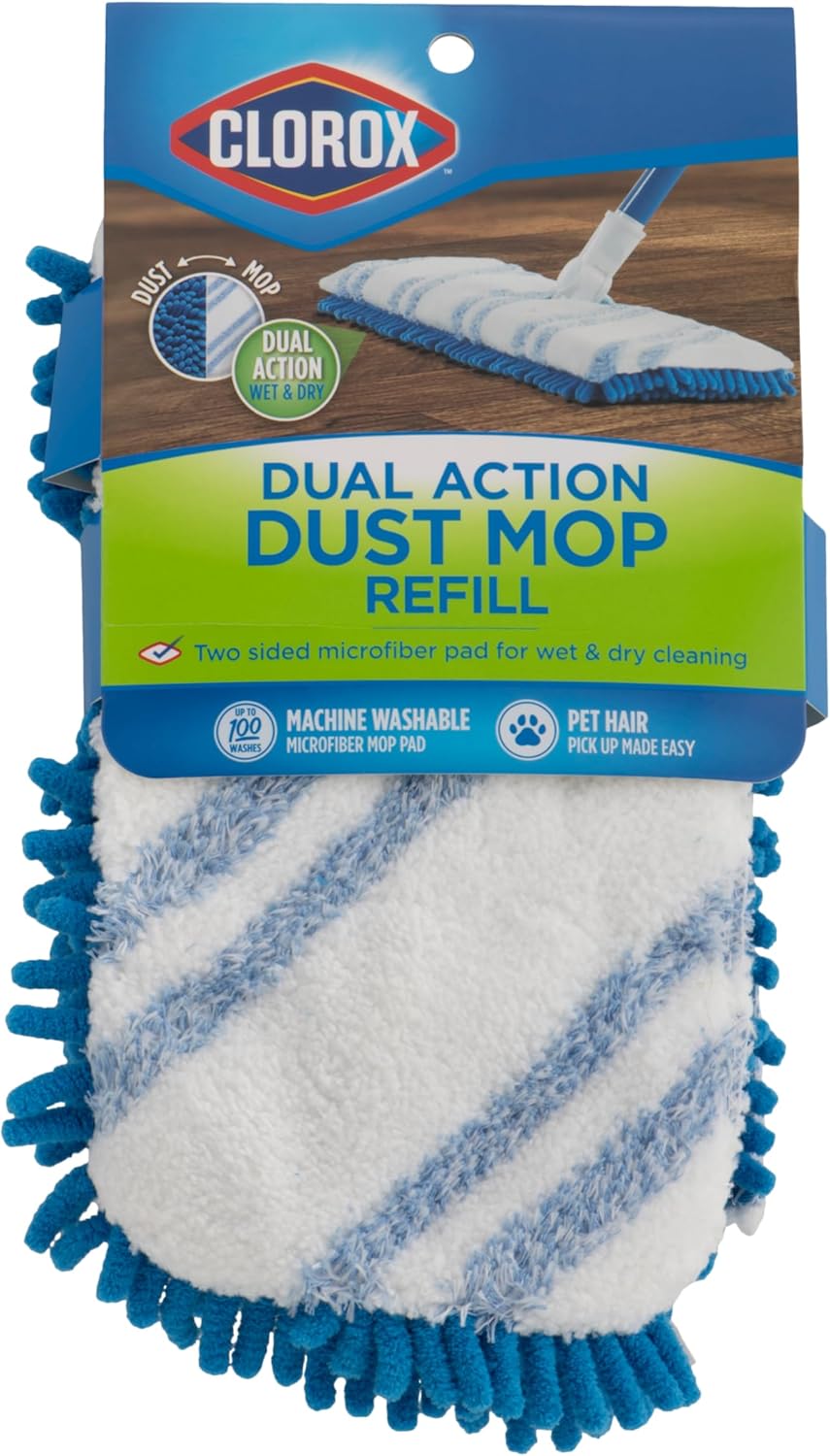 Clorox Dual Action Dust Floor Mop Microfiber Refill Head, Machine-Washable, Blue