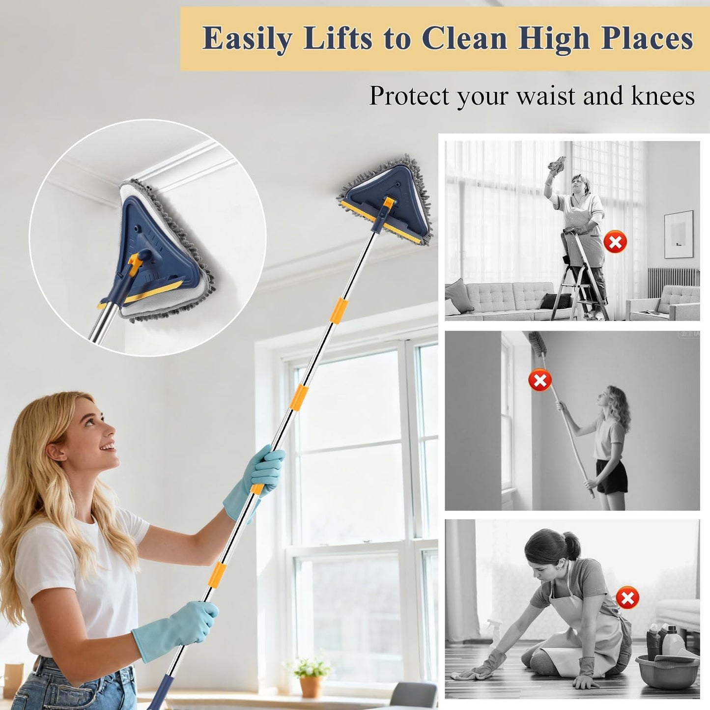 Base Board Cleaner Tool with Handle, 360 Rotating Wall Cleaner Mop, 180 Folding Ceiling Tool Duster with Squeegee for Cleaning Wall, Ceiling, Window, Floor, 8 Replacement Cleaning Pads