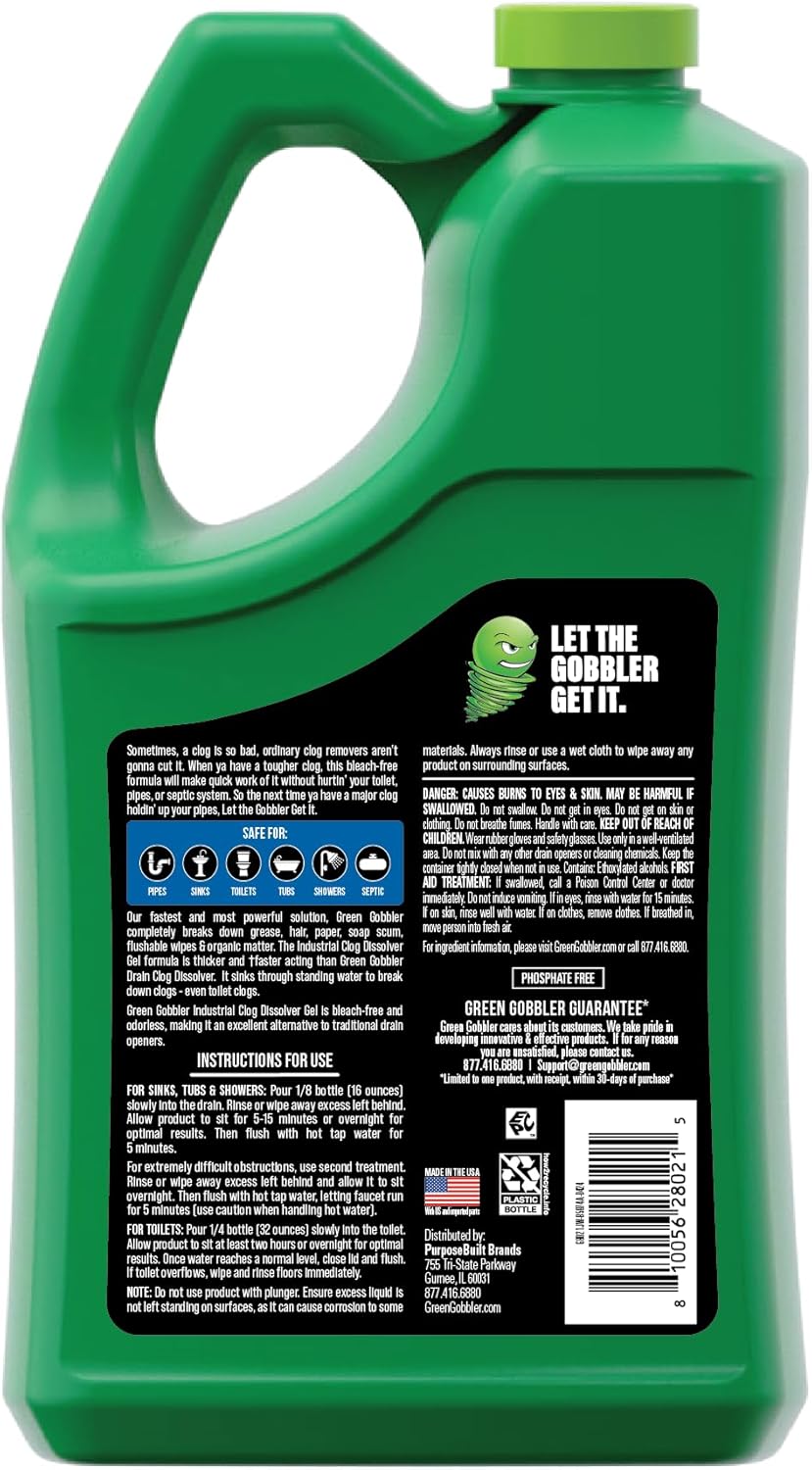 Green Gobbler Industrial Strength Grease and Hair Drain Clog Remover | Drain Cleaner Gel | Safe for Pipes, Toilets, Sinks, Tubs, Drains & Septic Systems | 1 Gallon