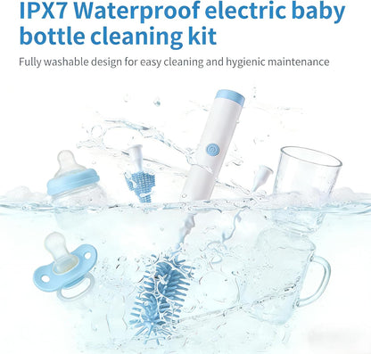 Portable Electric Silicone Bottle Brush Set, 7-in-1 UV Light USB Charging, Nipple/Straw Cleaner, Milk Mixer, Built-in Drying Rack & Storage Case, BPA-Free, IPX7, On-the-Go for New Parents (Mint)