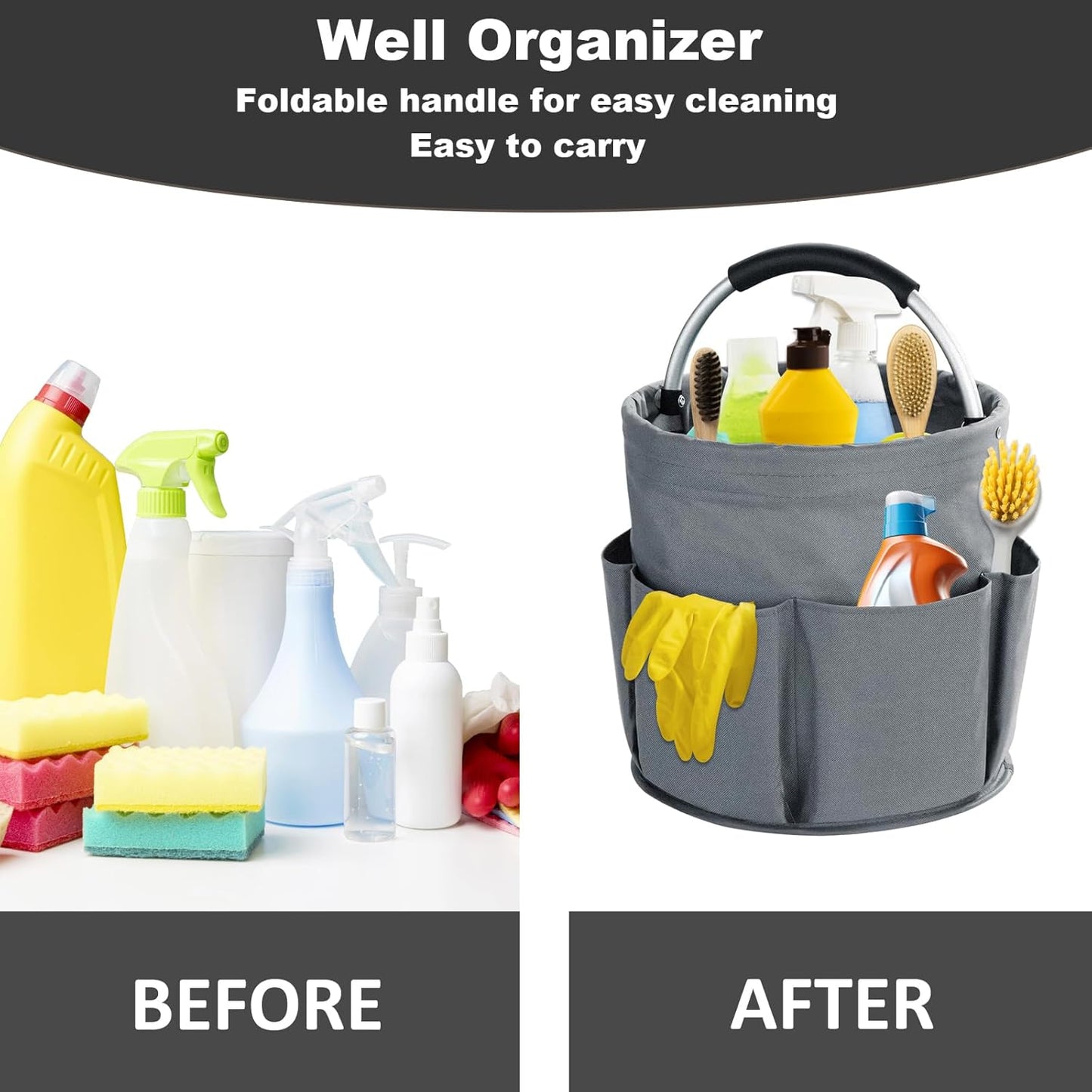 17L Cleaning Caddy with Handle, Cleaning Supplies Organizer, Foldable Storage Basket, Cleaning Supply Caddy, Portable Multi Cleaning Bucket Bag for Home, Garden (Pink)