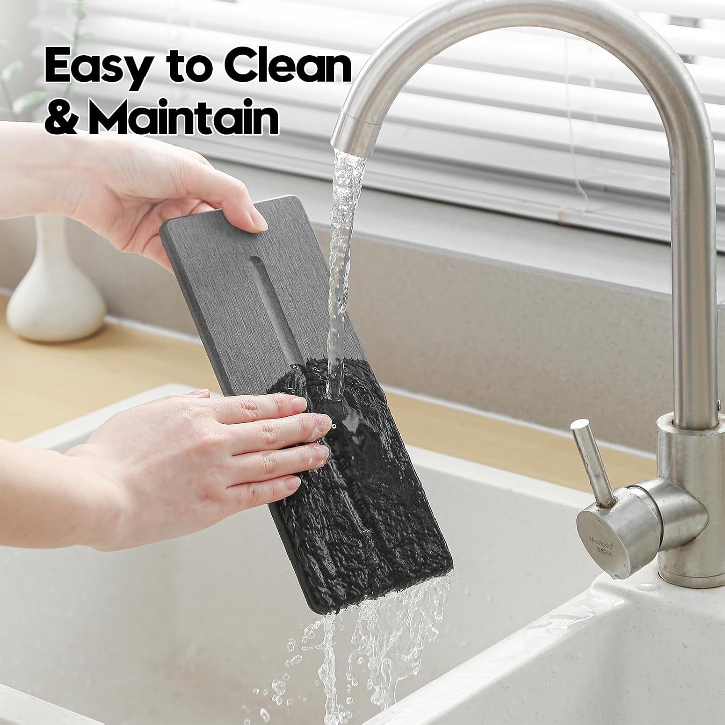 Fast Water Absorption Sink Organizer Tray Set, 3-Pack Compact and Space-Saving Stone Soap Holder Caddy for Kitchen & Bathroom Counter, Faucet Splash Guard, White (1pc of 8"x3.8" + 2pcs of 3.8"x3.8")