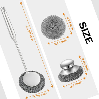 Heavy Duty Stainless Steel Scrubber Set - Long & Short Handle with 5 Steel Wool Pads, Cast Iron & Pot Scrubber for Dishes, Pans, Grills, Stoves