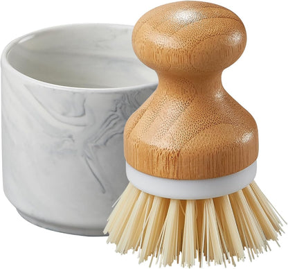 ONEMORE Bamboo Dish Brush with Ceramic Foaming Base, Kitchen Sink Scrub Brush Set with Spring and Mesh Insert, Wooden Handle Dishwashing Brush for Pots Pans Plates Bowls, White
