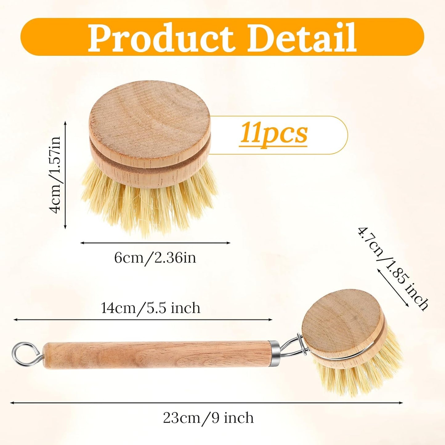 12-Piece Wooden Kitchen Dish Brush Set with One Bamboo Handle & 11 Replacement Heads, Natural Fiber Scrubber for Pots Pans Bottles Vegetables Cleaning
