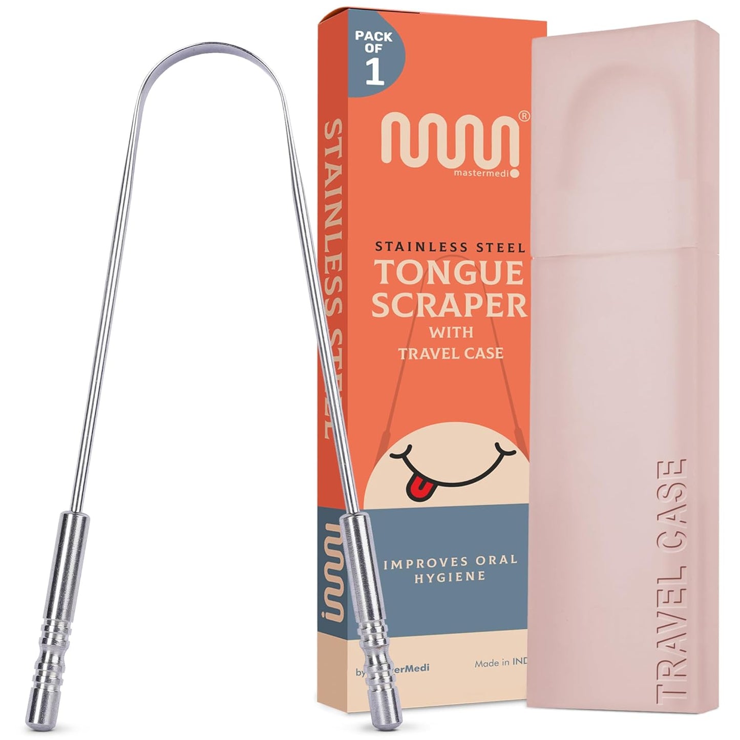 MasterMedi Tongue Scraper for Adults, 100% Stainless Steel Tongue Scrubber for Bad Breath, Easy to Use, Tongue Cleaner for Oral Care & Hygiene (SS Uni|Pack of 2)