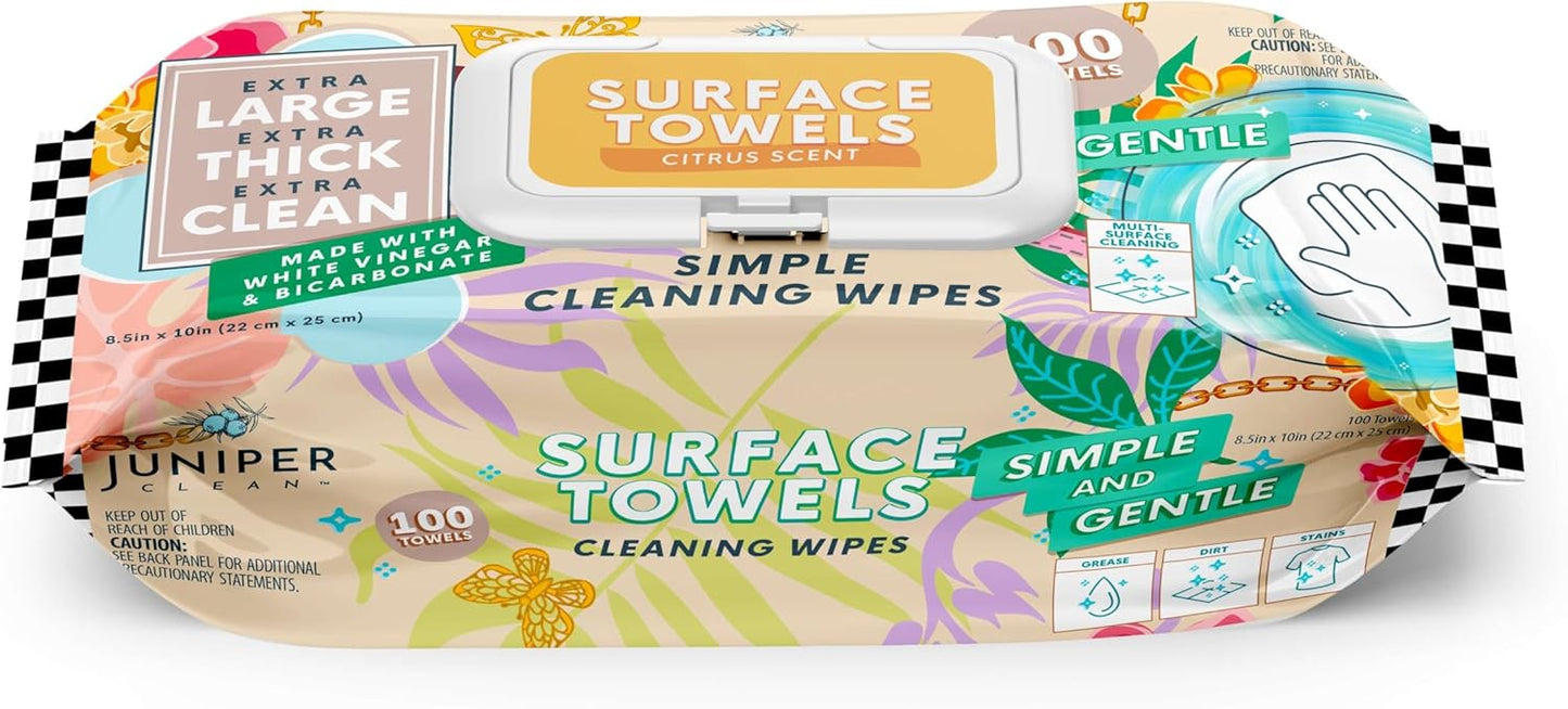 Juniper CLEAN Single Surface Wipes with Bleach, Thick & Large Dispose, All-Purpose Cleaner for Bathroom, Kitchen, Office, 100 Count Soft Flow, Biodegradable, Fresh Scent