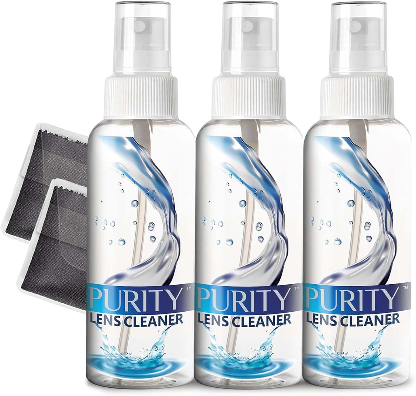 Purity Eyeglass Lens Cleaner Kit - 2 x 8oz and 1 x 2oz Lens Cleaner Spray Bottle + 2 Microfiber Cleaning Cloths - Safe for All Lenses (AR Coated Included), Eyeglasses and Screens - Clear